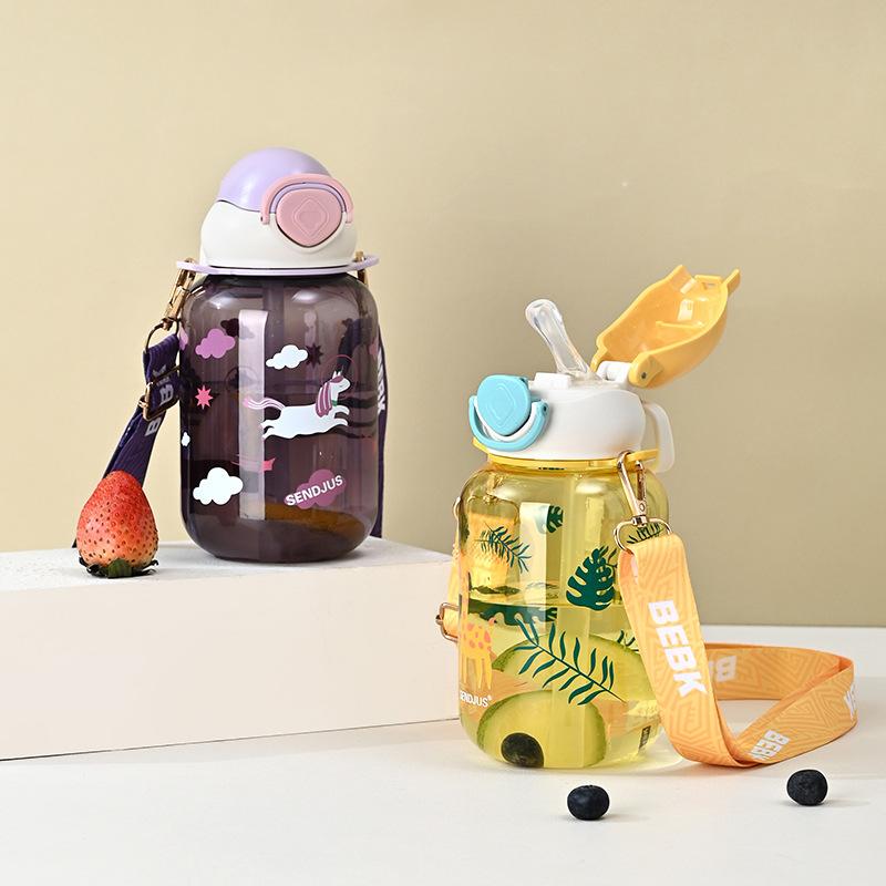 Water bottle new cartoon children's straw cup creative student portable plastic water cup large capacity boys and girls bouncing cup