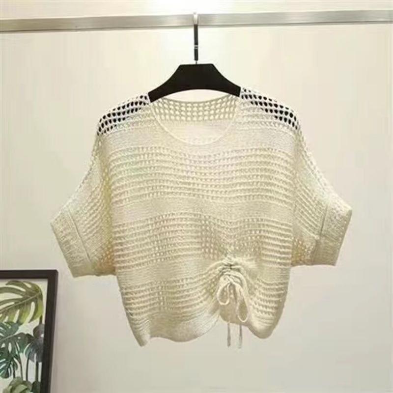 

Вязаная женская летняя накидка с короткими рукавами в Корейском стиле, свободный короткий пуловер на шнурке, сетчатая рубашка S абрикосовый
