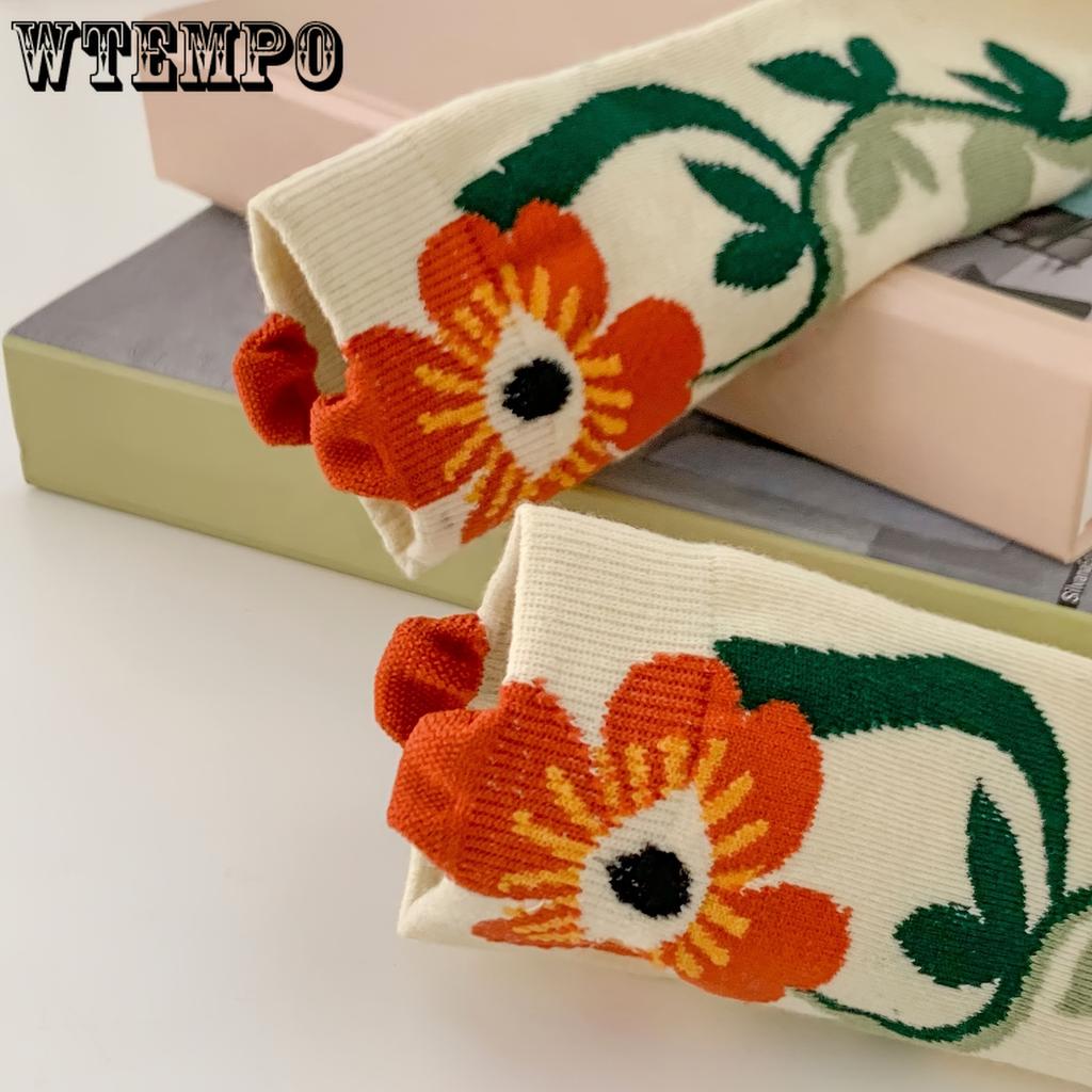 5pcs Women's Mid-Calf Socks, Vintage Floral Print, Breathable Casual Style, Polyester and Spandex Blend, Everyday Fashion Accessory