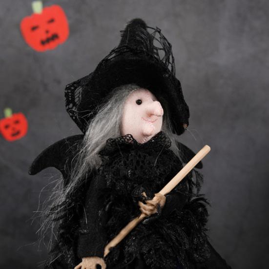 Halloween Witch Doll with Broom Small Witch Figurine with Gauze Skirt Spooky Table Centerpiece for Home Bedroom Desktop Decor