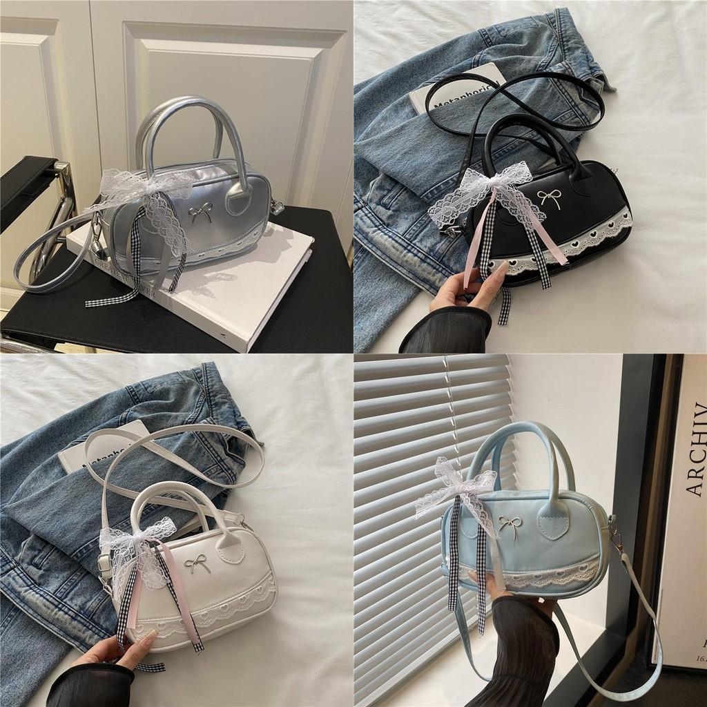 Simple Solid Color Silver Bow And Lace Decoration Women Casual Shoulder Bag For Daily Use