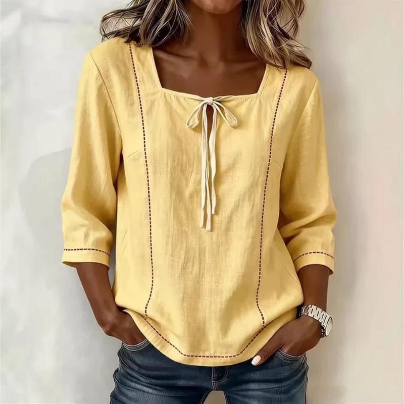 Women Linen Blend Square Neck Three Quarter Sleeve Blouse S жёлтый