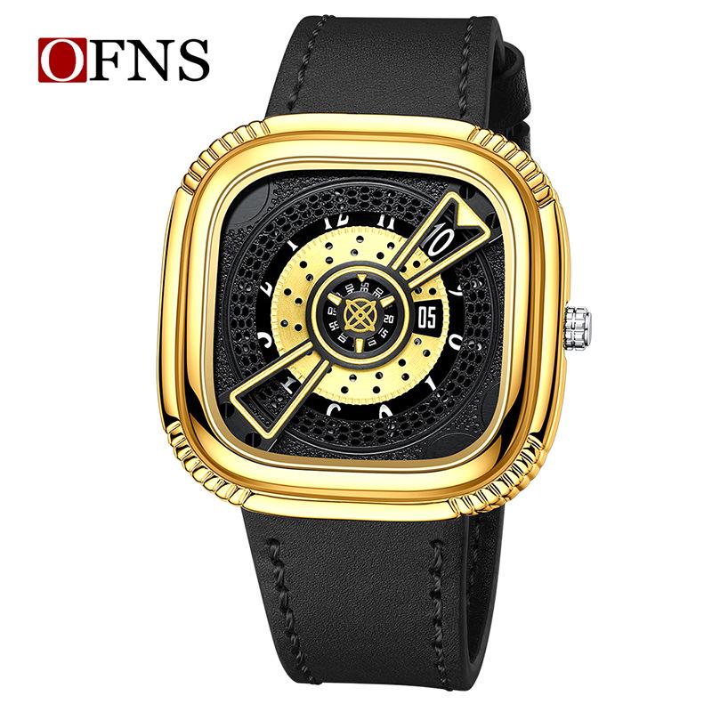 OFNS Men s Creative Square Leather Strap Sport Waterproof Quartz Watch