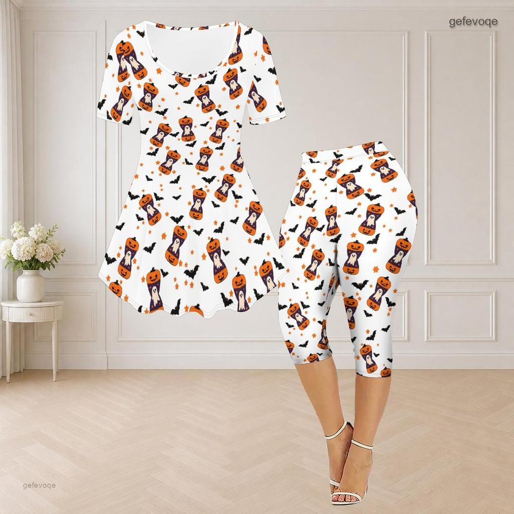 Women Plus Size White Halloween Printed Round Neck Short Sleeve Top Capri Pants Two Piece Pajama Set