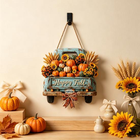 Rustic Pumpkin Truck Door Ornament Harvest Hanging Sign for Front Door, Wooden Fall with Distressed Wood Hemp Rope, Farmhouse Welcome Sign,