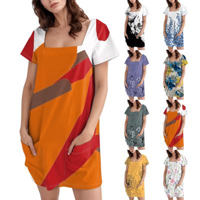 Women's Square Collar Short Sleeve Fashion Skirt Floral Print Pocket Casual Dress