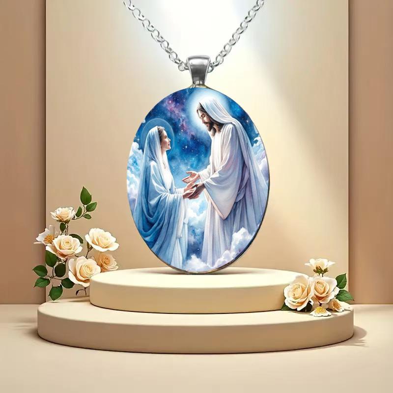 Jesus Meeting The Virgin Mary, A Time-Honored Gemstone Glass Pendant Necklace, Suitable For Both Men And Women