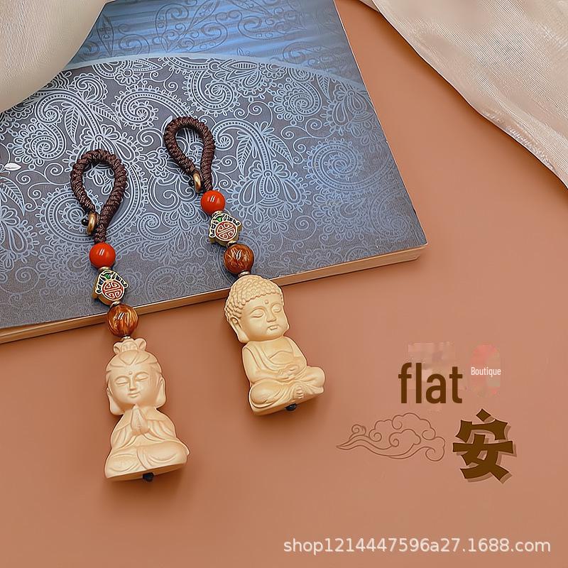 "Boxwood Buddha Guanyin Car Pendant: Creative Rearview Mirror Accessory for Men and Women"
