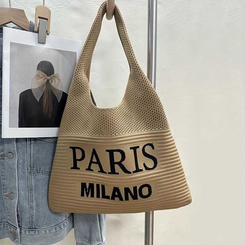 

Vintage Paris Milano Crochet Tote Bag - Chic Shoulder Bag with PARIS MILANO Lettering, Beige & Black, Perfect for Beach