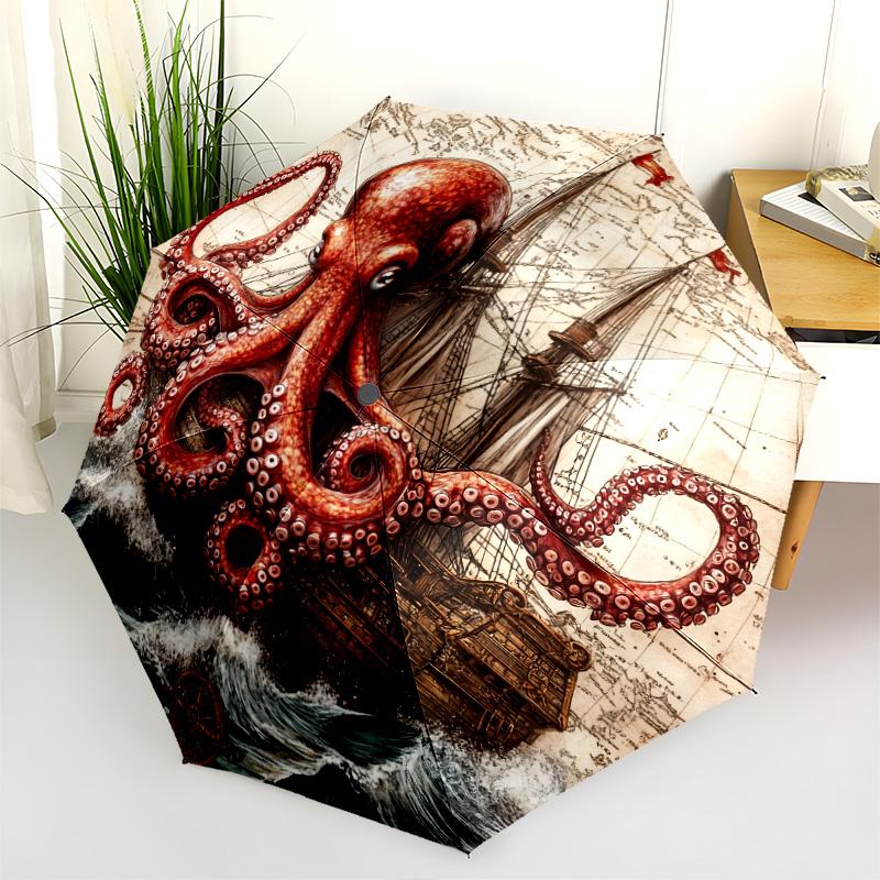 Ship Octopus pattern, automatic folding umbrella, portable and foldable design, 8 ribs, a Christmas or birthday gift.