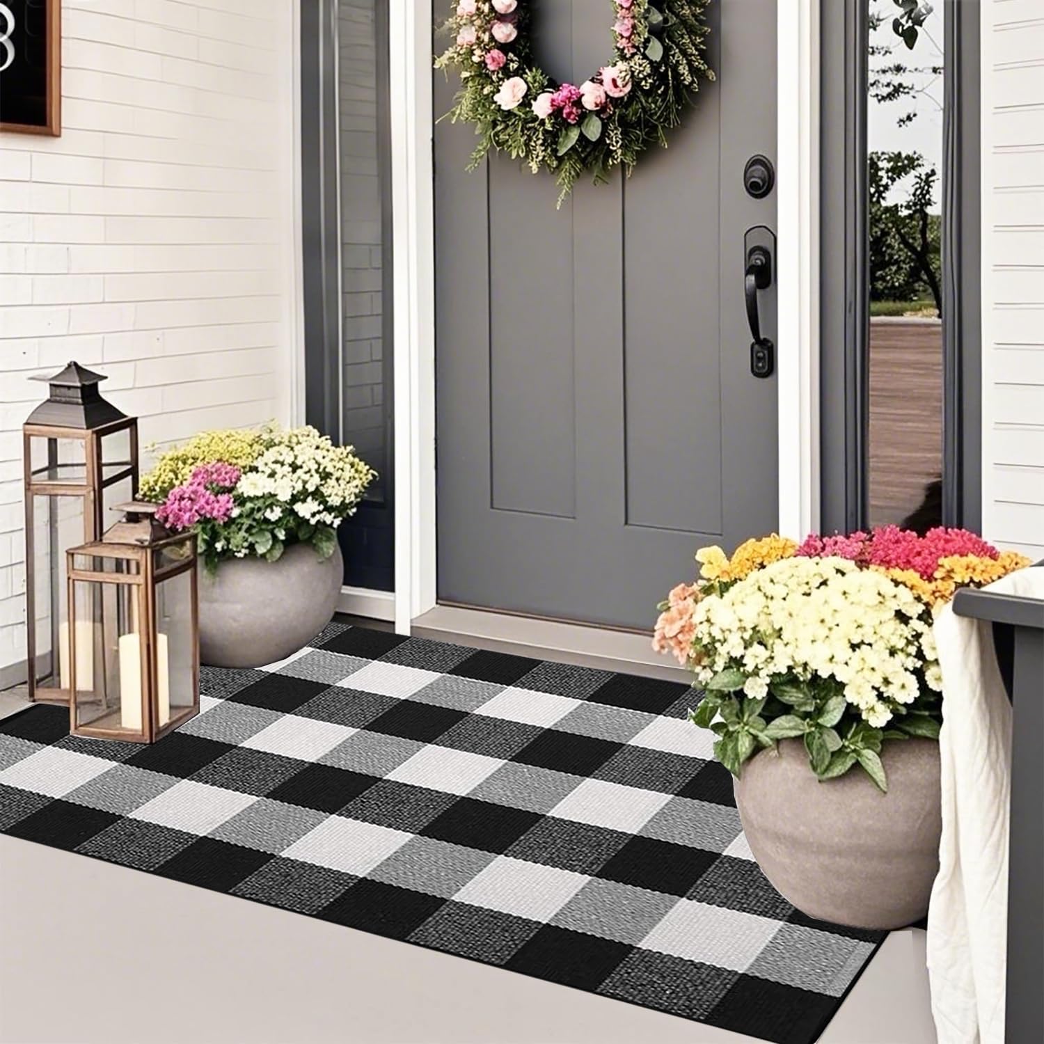 

Buffalo Plaid Outdoor Rug 5 x 7 Washable Rugs,Black and White Checkered Rug,Cotton Hand-Woven Indoor or Outdoor Check Large Ar 40cm x 60cm