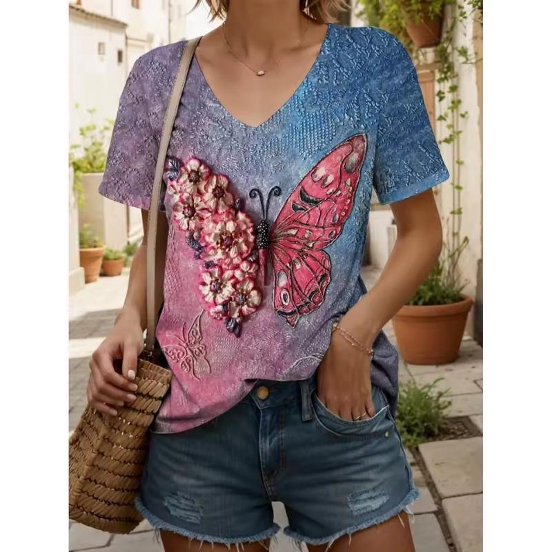 

Women s T-Shirt 3D Butterfly Graphic Fashion Short Sleeved V-Neck Regular Tops Daily Print Tee Summer Spring Casual Tops 5XL