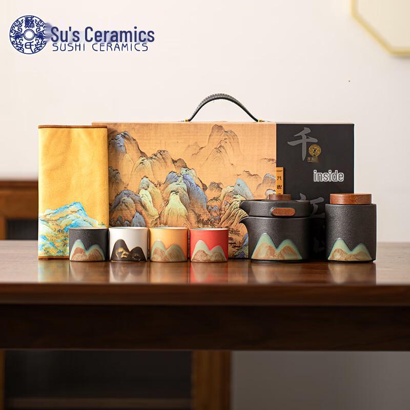 

Su-Style Ceramic Hand-Painted Thousand-Mile Rivers & Mountains Tea Set