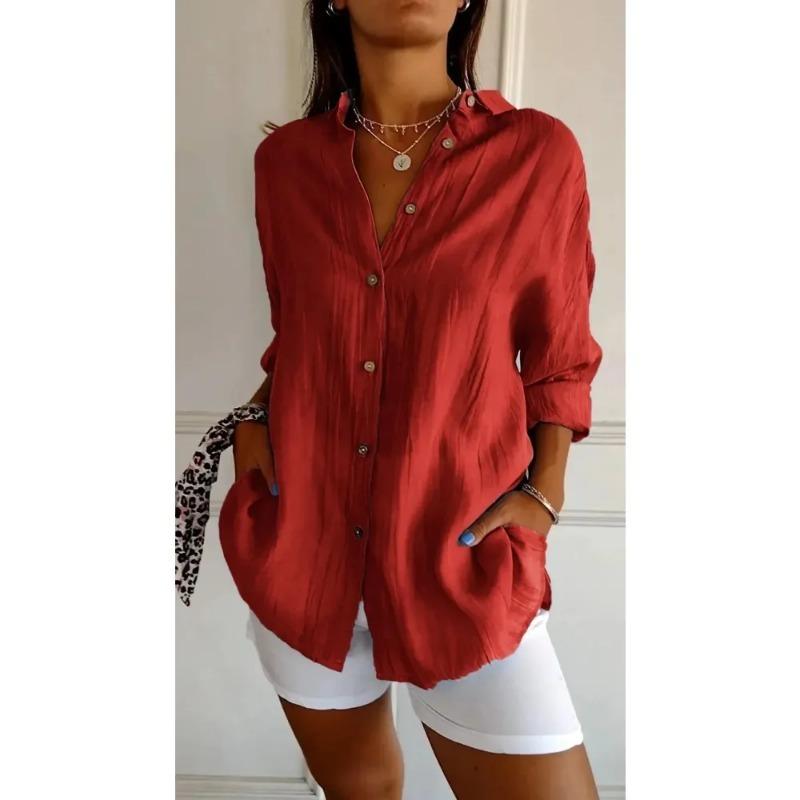 Camisa Casual de Verão com Decote em V e Botões Moda Feminina Solta Sólida com Lapela Camisa de Escritório Feminina Top Retrô