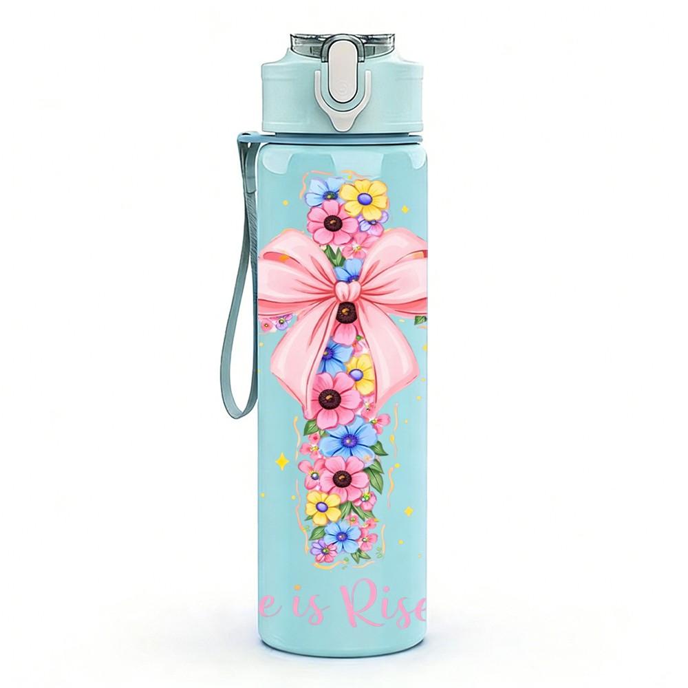 1PC He Is Risen Cross Flower Faith Art 750ml Color Plastic Sports Water Bottle Leakproof Flip Straw Lid Suitable for Sports Office Home Use