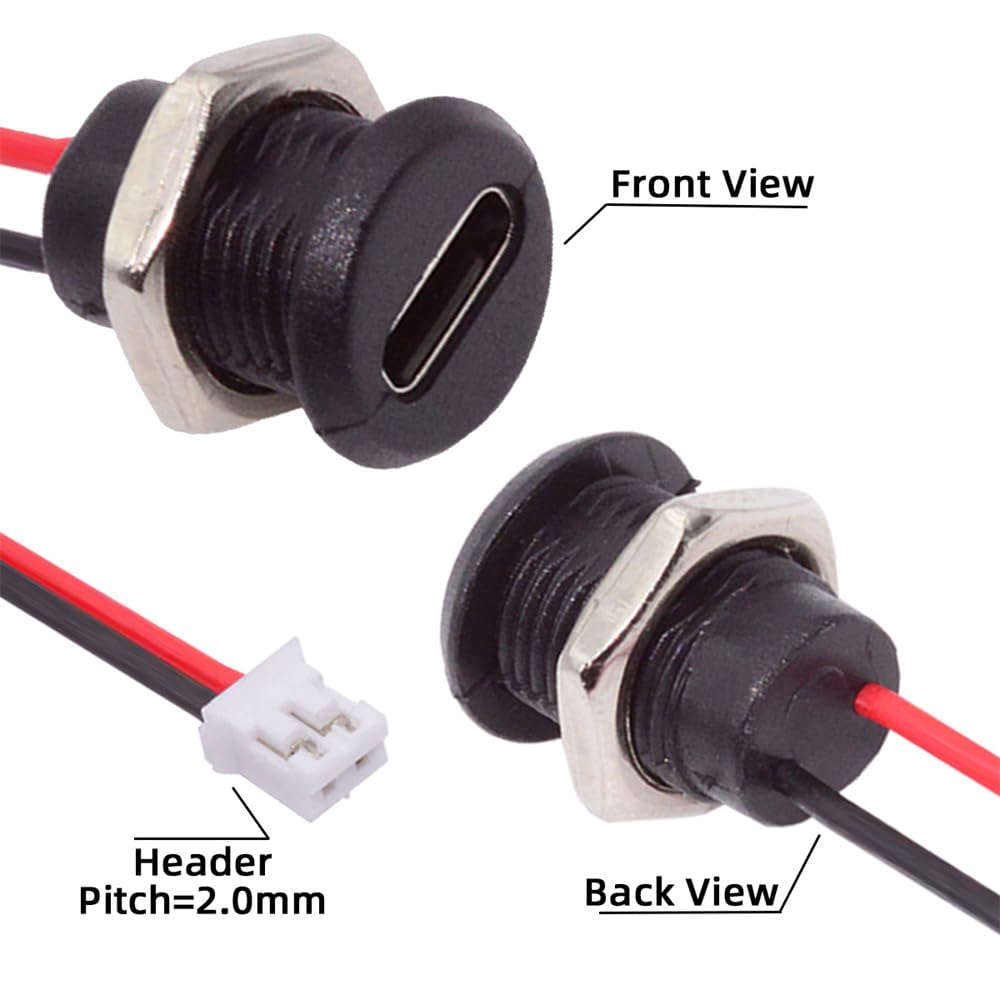 Cablecc Reversible Female DIY OEM Socket Cable Pitch Panel Mount DC 5V Power 5pcs/Set Type-C - 2-Pin Header, = 2.0mm, Type,