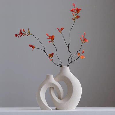 2pcs Modern White Ceramic Vase for Home Decor, Circle Matte Hollow Flower Vases Nordic Boho Ins Style for Wedding Dinner Table Living Room Office