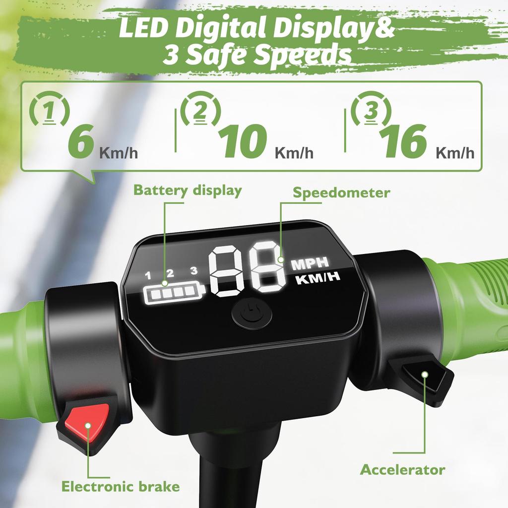 Dětská elektrická koloběžka Věk 8-12 let, Dojezd 16 km, Max. rychlost 16 km/h, 6,5" Ultra lehká elektrická koloběžka pro děti s barevným okolním osvětlením - Zelená