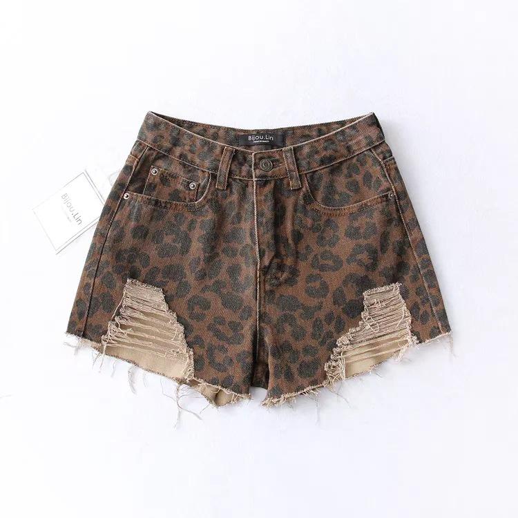 Women's Summer High Waist Leopard Print Ripped Denim Shorts