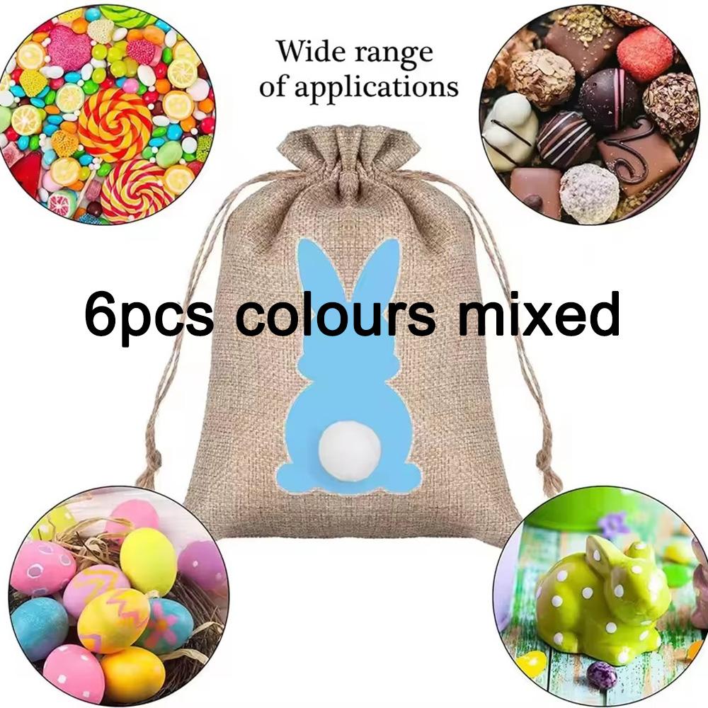 6pcs 10x15cm Easter Burlap Candy Bags Bunny Pattern Jute Linen Treat Gift Bags for Easter Party Kids Cookies Snack Pack Bags