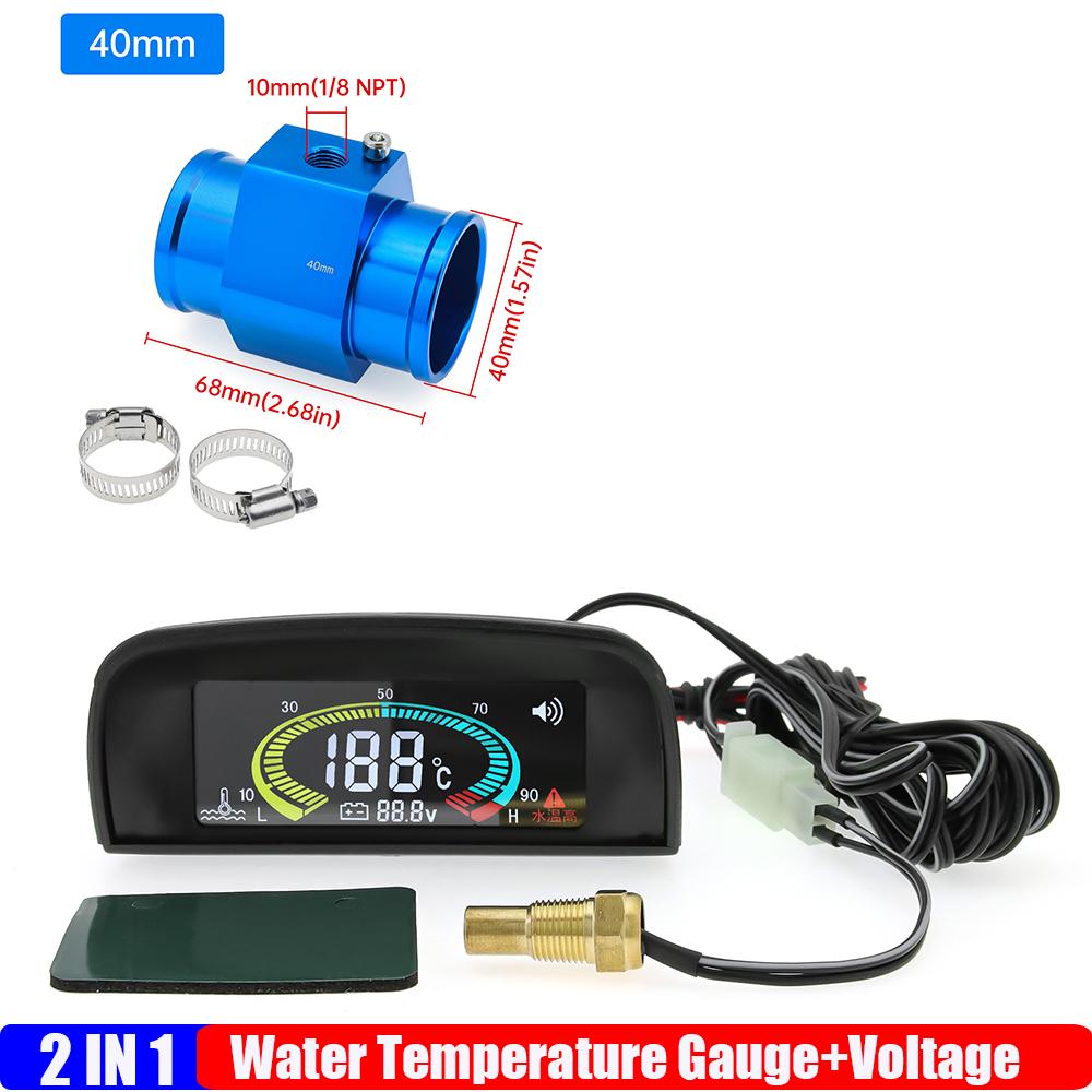 Digital Water Temperature Gauge+Voltage with Radiator Temp Joint Pipe Sensor Hose Adapter 2 IN 1 Car Meter Buzzing Flash Alarm