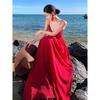 Holiday Dress Red Fairy Beach Dress Long Dress Elegant Travel Wear Temperament Halter Suspender Long Dress