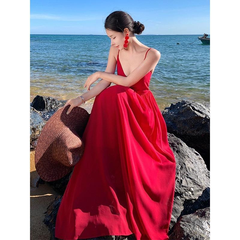 Holiday Dress Red Fairy Beach Dress Long Dress Elegant Travel Wear Temperament Halter Suspender Long Dress