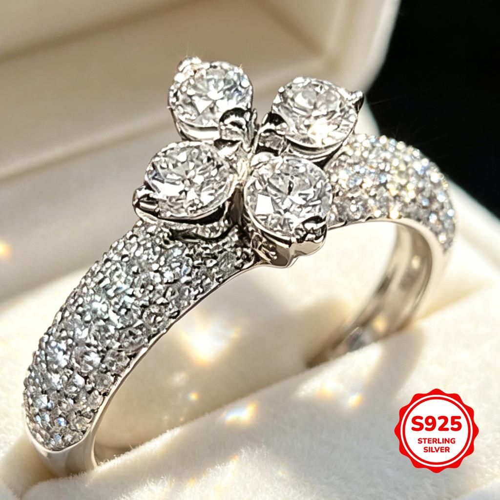 925 Silver Classic Four-Leaf Clover Shape Morganite Jewelry - Fashion Full Zircon Ring Wedding Engagement Anniversary Gift