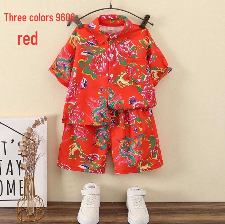 Boys' Hawaiian Floral Shirt & Shorts Set - Stylish Summer Beachwear for Kids