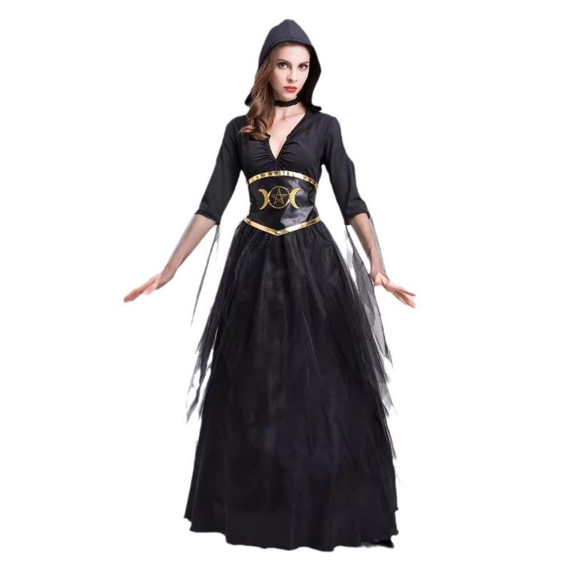Halloween Adult Female Black V-neck Dress Vampire Ghost Reaper Witch Vampire Witch Costume