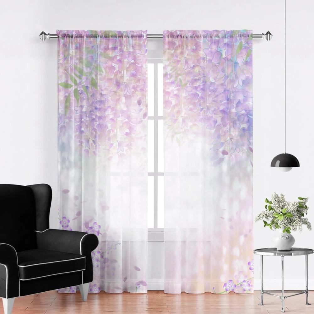 Watercolor Floral Sheer Curtain For Living Room Dining Room Bedroom Drape Kitchen Window Transparent Chiffon Curtain