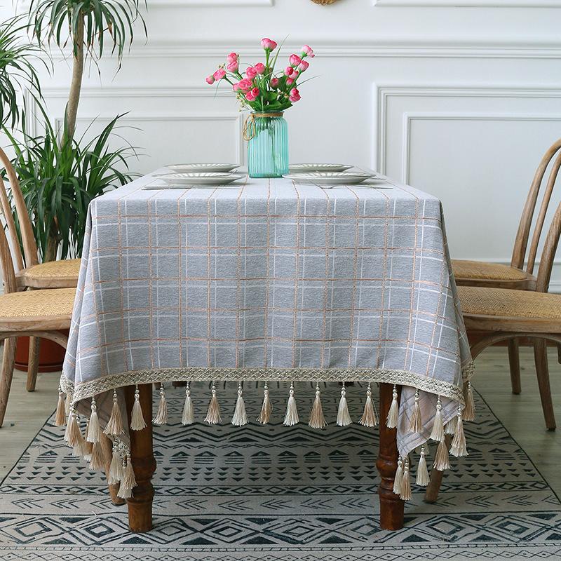 Cotton Geometric Plaid Jacquard Fabric Tablecloth Linen Rectangular Home Decoration Table Cover with Tassel for Banquet Party Nappe