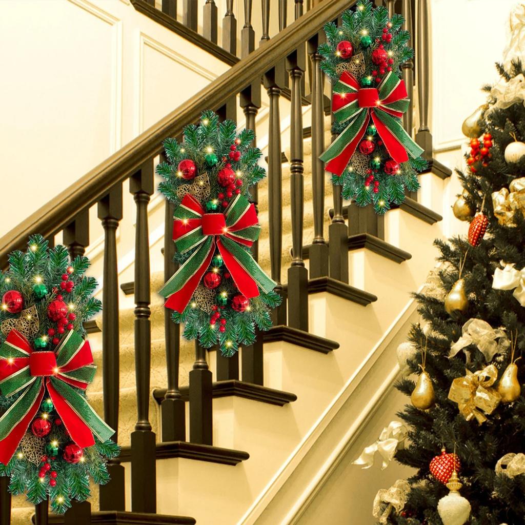 Christmas Artificial Swags, Xmas Prelit Stairway Swag Teardrop Trim Wreath,Door Stair Red Berry Garland Christmas Wreath For Outdoor Home Garden Decor