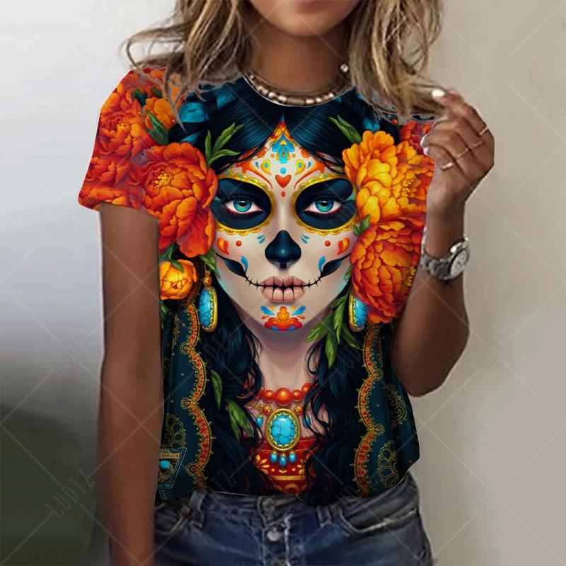 Mexican Day of the Dead Women's T Shirt 3D Print Rose Catrina Goddess O-Neck Short Sleeve Tees Streetwear Y2k Clothing For Girls