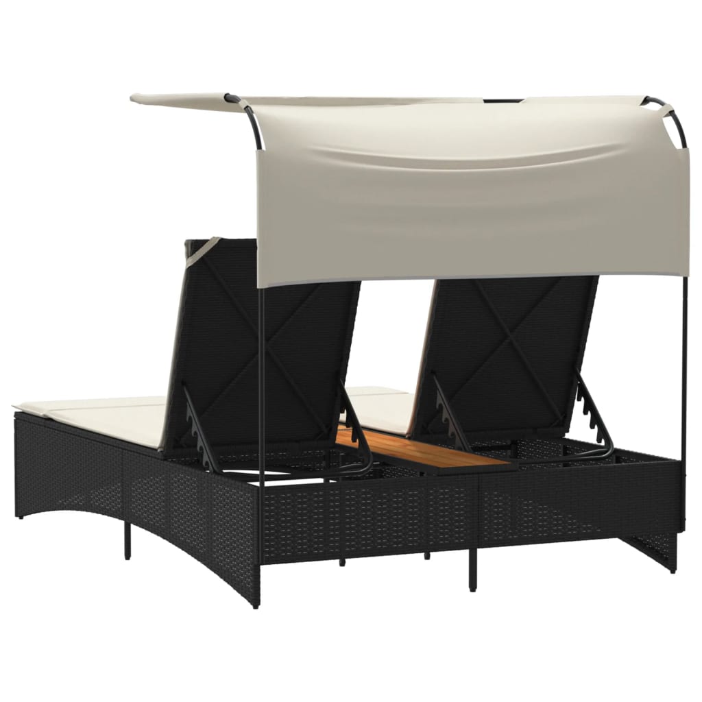 Double Sun Lounger with Canopy and Cushions Black Poly Rattan