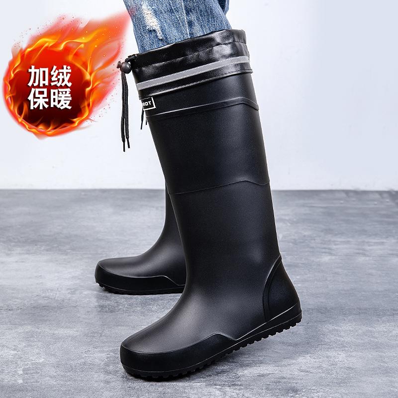 Water shoes extra high tube flat rain shoes men's closure plus fixed cotton lint long rain boots size waterproof glue shoes winter
