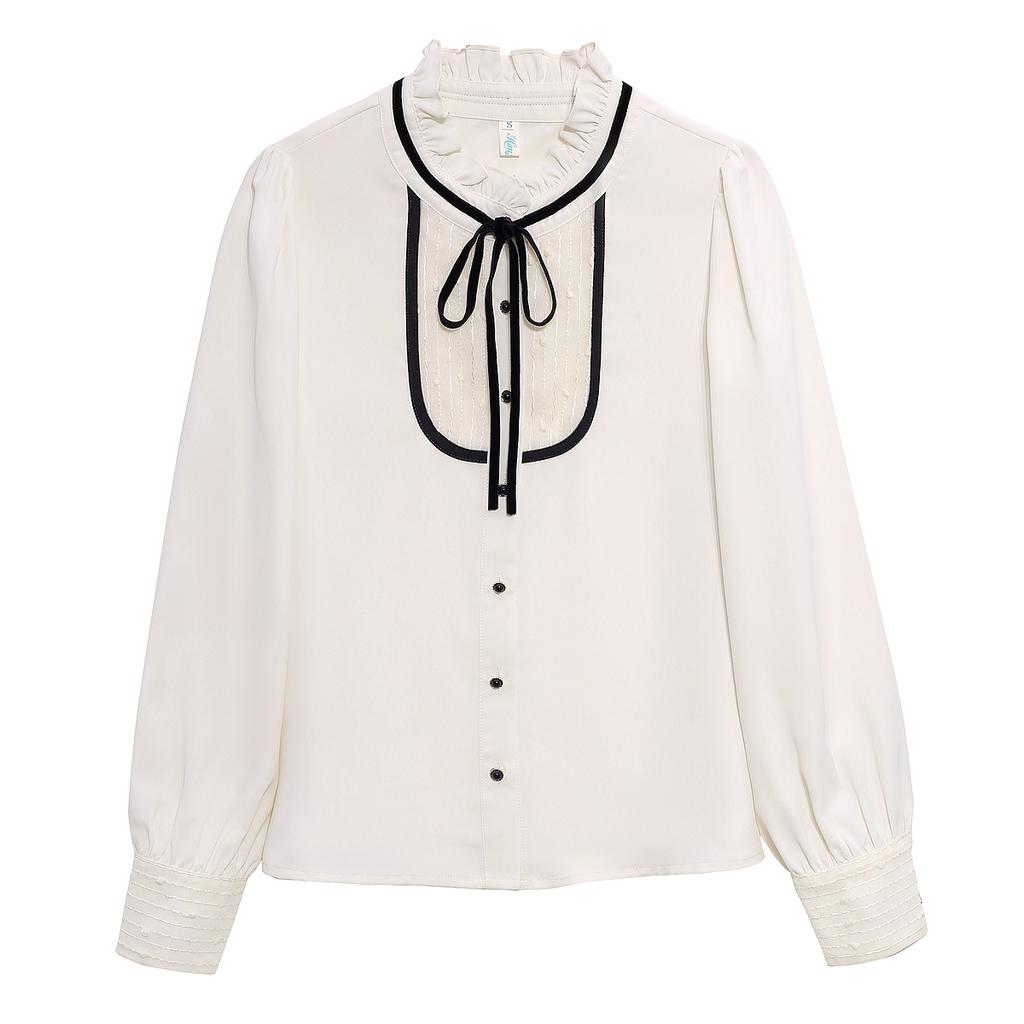 New 2024 Fashion Autumn Long Sleeve Casual Lace Up Ruffled Collar Blouse Shirt Women Tops Blouses Shirts J449