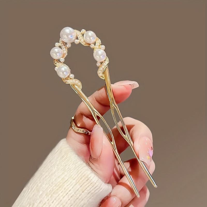 

Elegant temperament minimalist imitation pearl inlaid U-shaped women alloy hairpin high-end retro cheongsam Hanfu plate hairpin