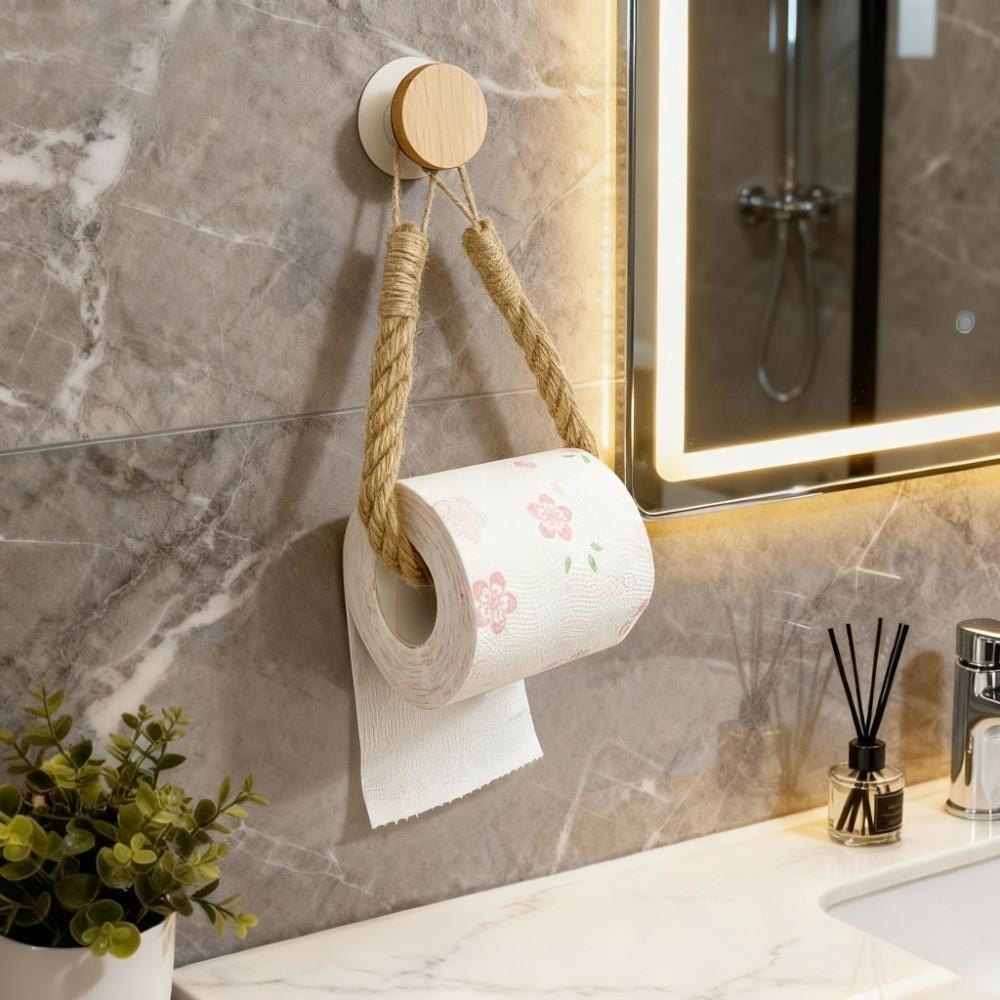 No-Drill Toilet Paper Wood Hook Hand-Woven Jute Rope Tissue Holder Bathroom
