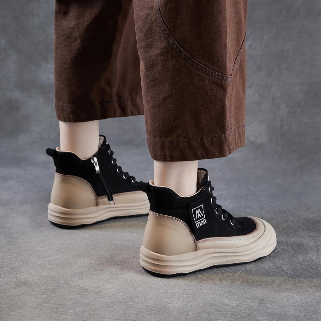 Johnature Echtes Leder Dicksohlige Retro Stiefeletten mit seitlichem Reißverschluss Lässige Schnürschuhe Damen Flache Plateau Schuhe