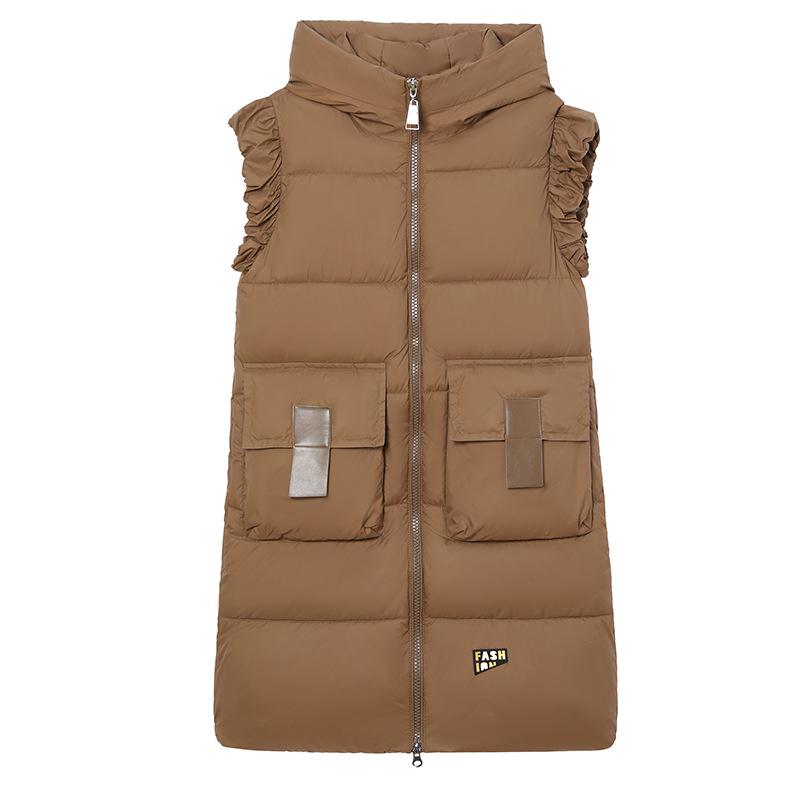 Large Size Autumn and Winter Women's Vest Hooded Mid-length Outdoor Thickened Windproof Warm Vest Loose Sleeveless Jacket Jacket
