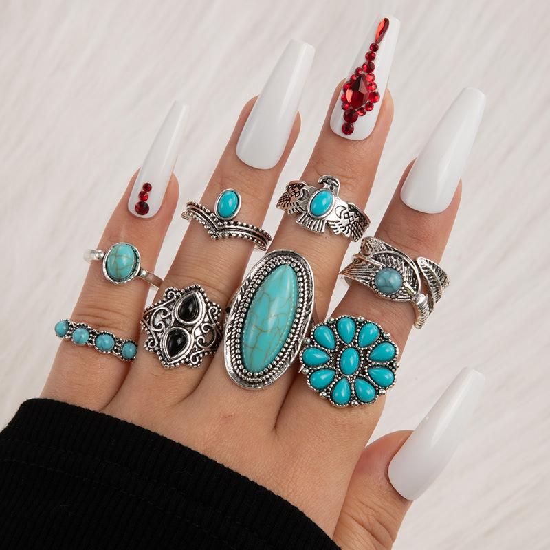 Ethnic style vintage turquoise carved feather ring fashion personality 8-piece combination ring set