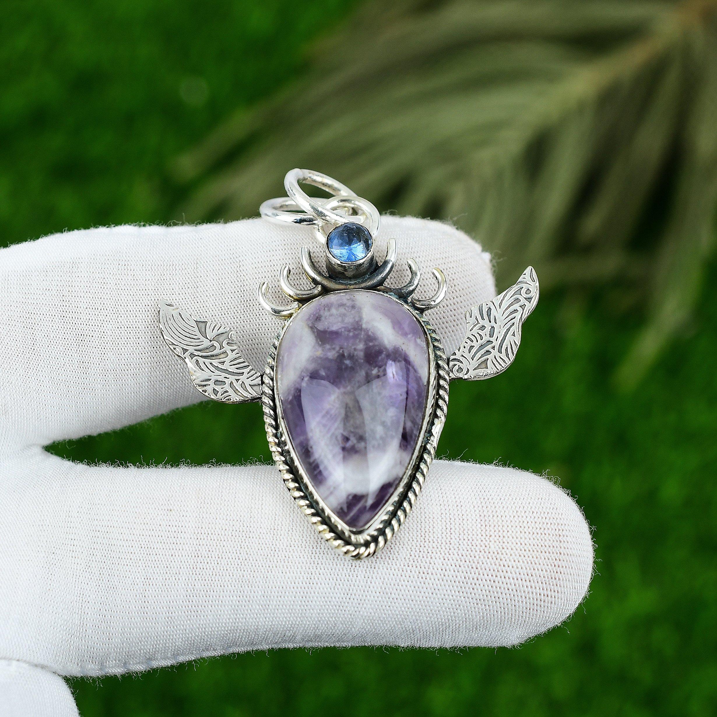 Pear Chevron Amethyst Gemstone Topaz Sterling Silver Bezel Boho Pendant Jewelry