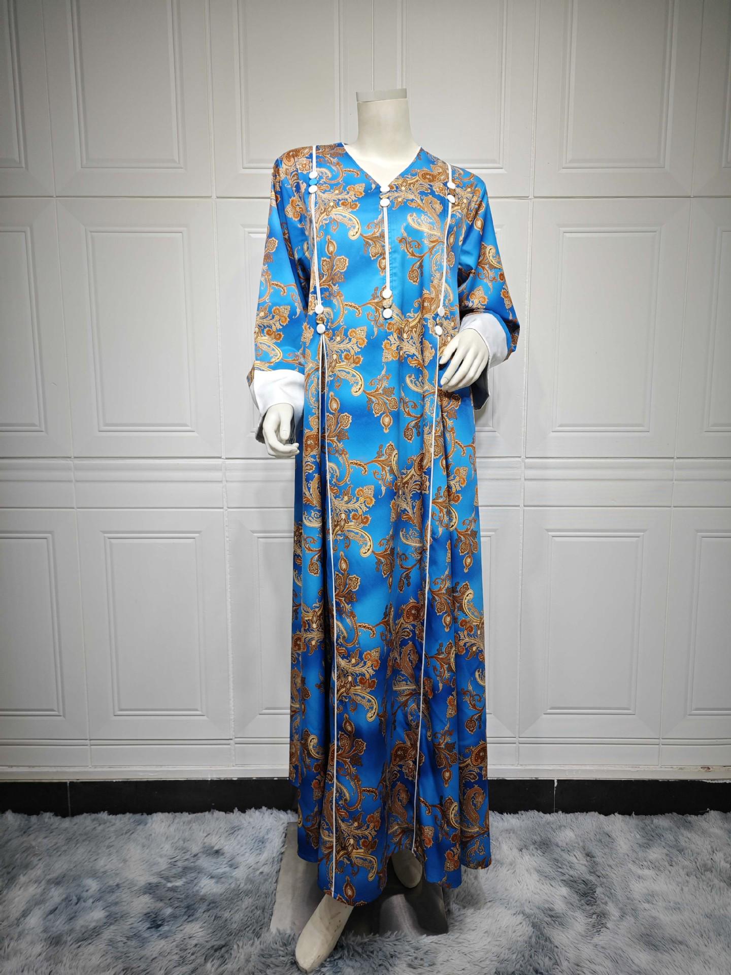 

AB373 Dubai Women s Fashion Print Robe - Stylish Middle Eastern Dress M синій