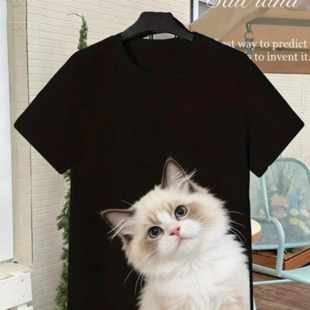 Retro Y2K Tuxedo Cat Print T-Shirt, Soft Breathable Crew Neck Short Sleeve Tee for Men Women, Casual All-Season Wear, Christmas Gift