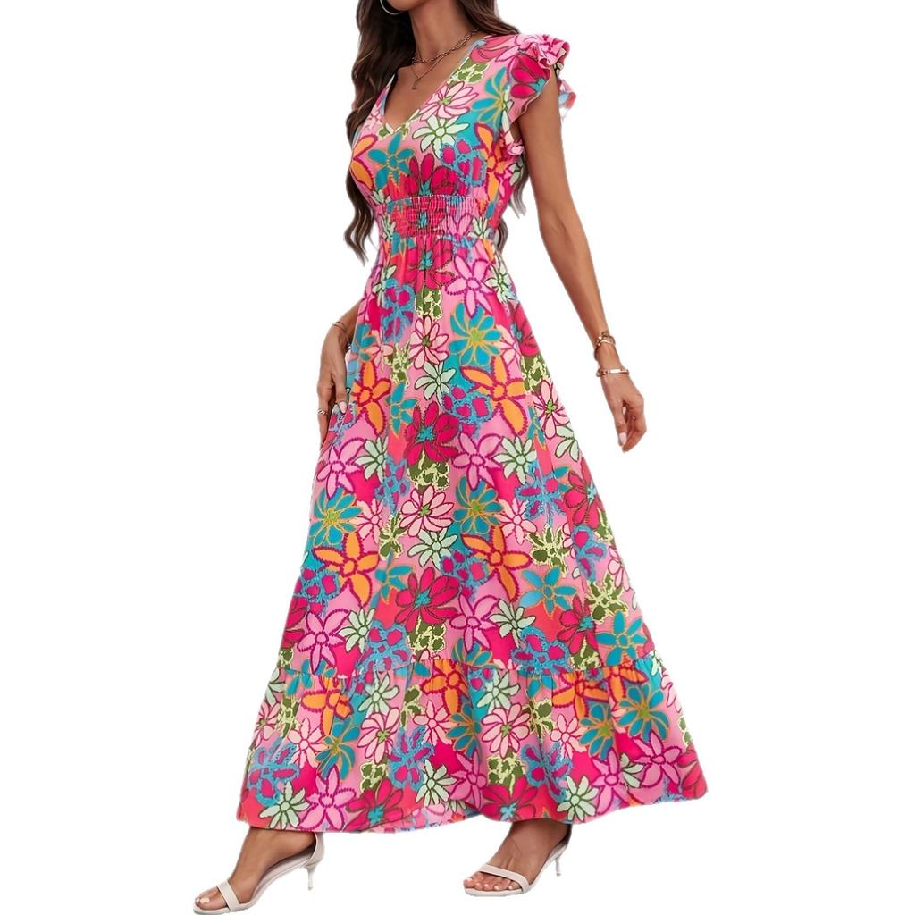 Hot Sale V-Neck Color Floral Print Waist Dress Women's Casual Versatile Vacation Wind Lotus Leaf Edge Long Dress