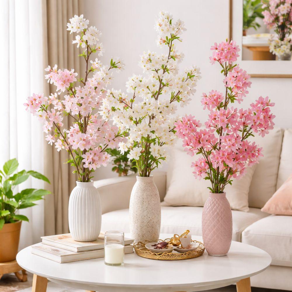 Long Artificial Cherry Blossom with Leaves Fake Flower Silk Cherry Blossoms Branch  Home Decoration