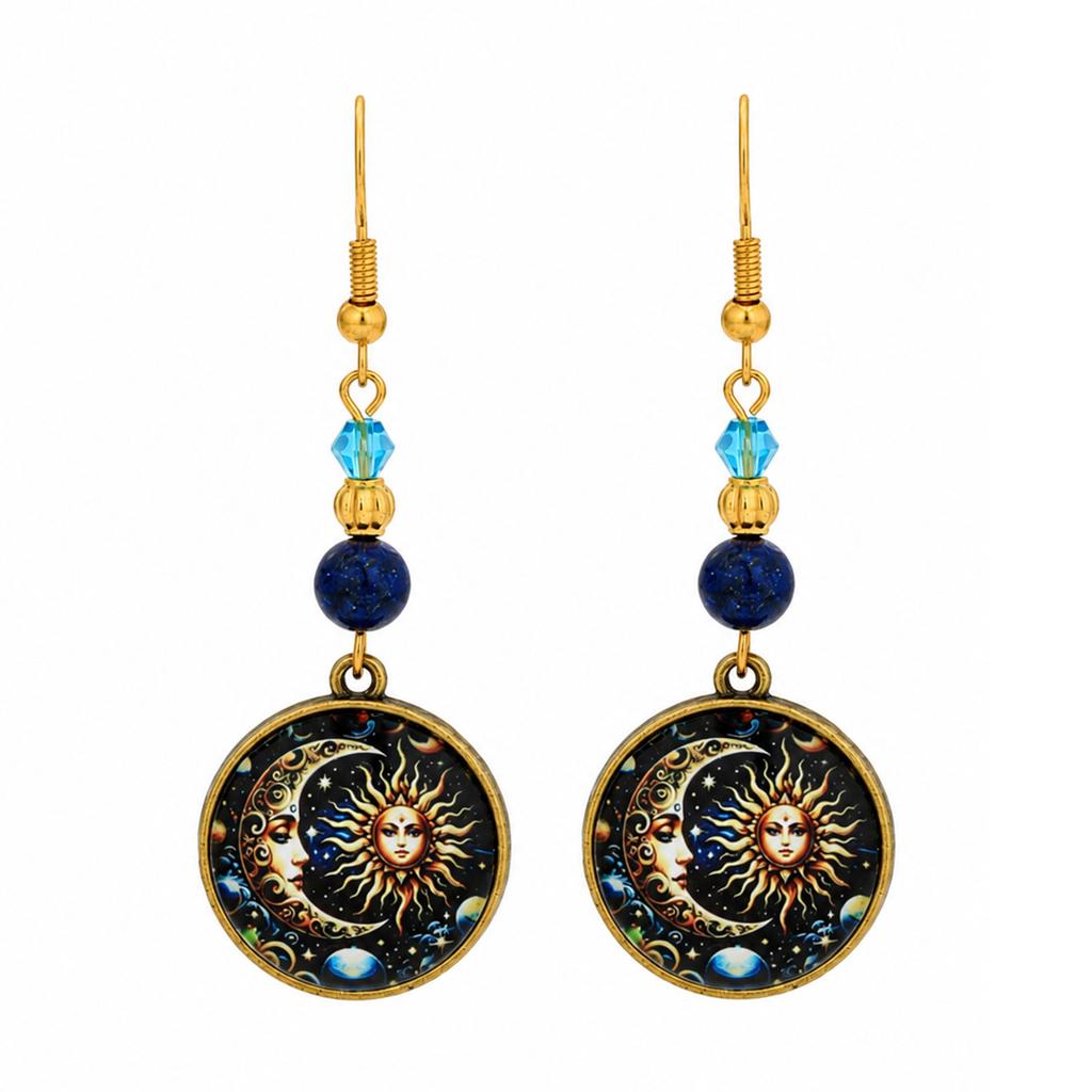 Explosive gold and blue contrasting color earrings, retro mysterious sun and moon, starry sky, universe earrings for women