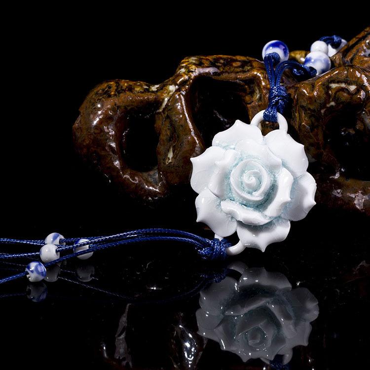 Classical Ceramic Blue and White Porcelain Peony Flower Necklace Women's Literary Retro Versatile Long Sweater Chain Accessories