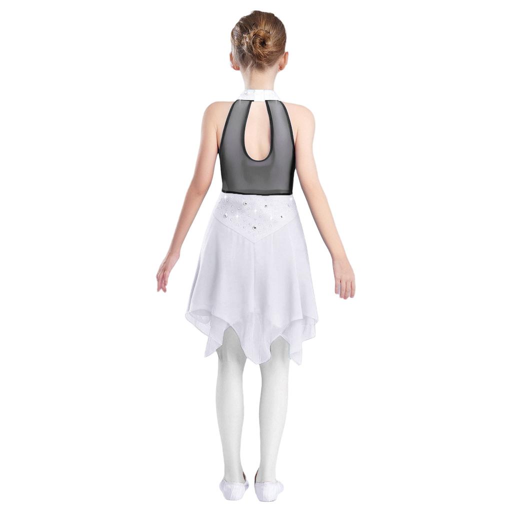 Girls Lyrical Dance Costume Sparkle Rhinestones Keyhole Back Irregular Chiffon Hem Skating Dress